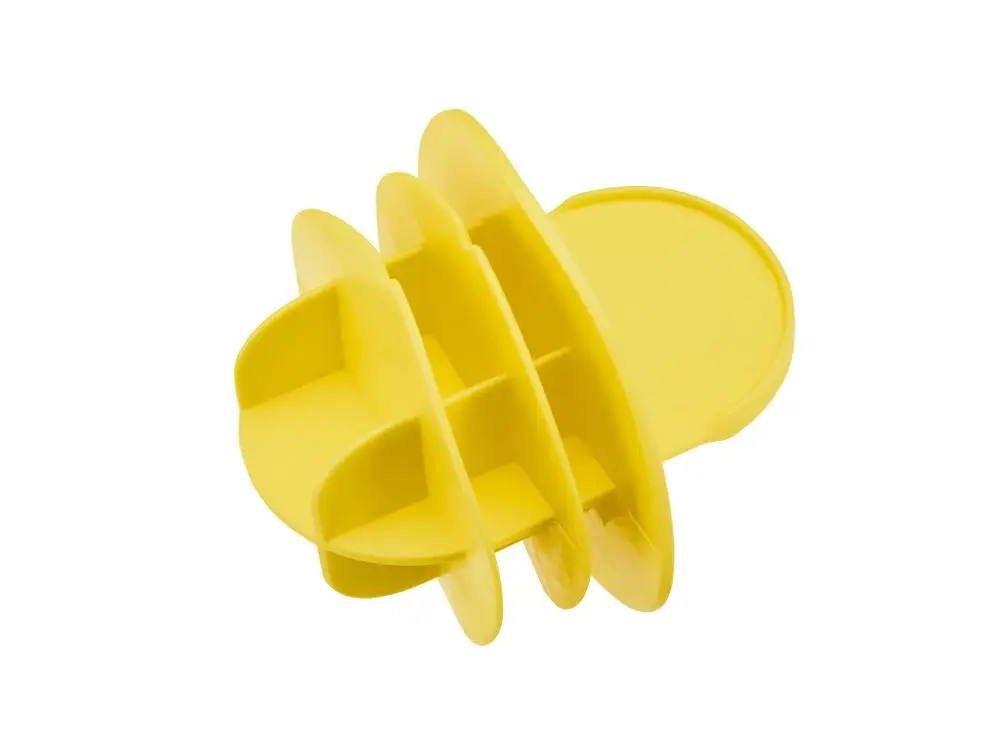 Endstopfen in Gelb von Fränkische mit mehreren seitlichen Öffnungen und einer Lasche. Das Produkt dient zur Verschlussfunktion in einem Rohrsystem.